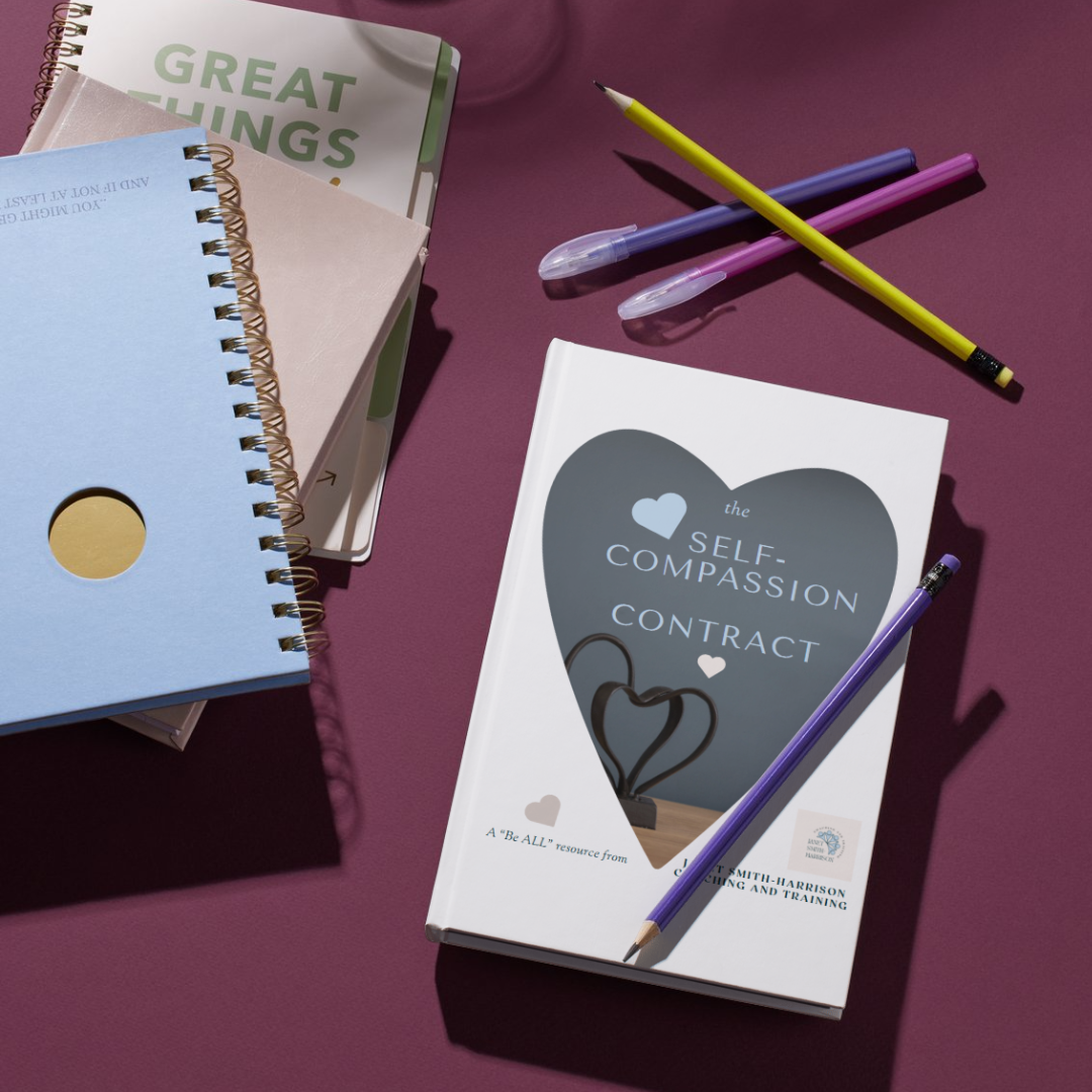 A burgundy background with stationary on the outside and "The Self-Compassion Contract" in the centre