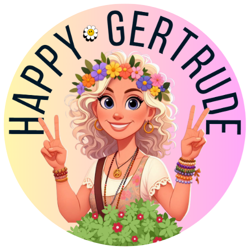 Pink Circle Lotus Yoga Instructor Logo (4) A pail Yellow and Pink Gradient Background with Happy Gertrude written along the top in with the cartoon image of Happy Gertrude.