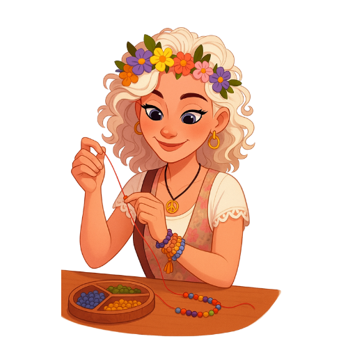 Happy Gertrude making a beaded bracelet