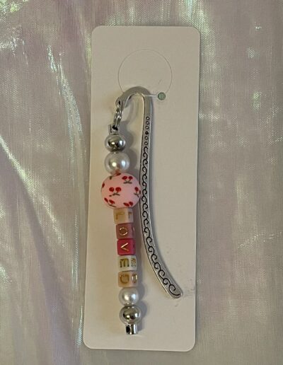 Handmade beaded pink and silver book mark